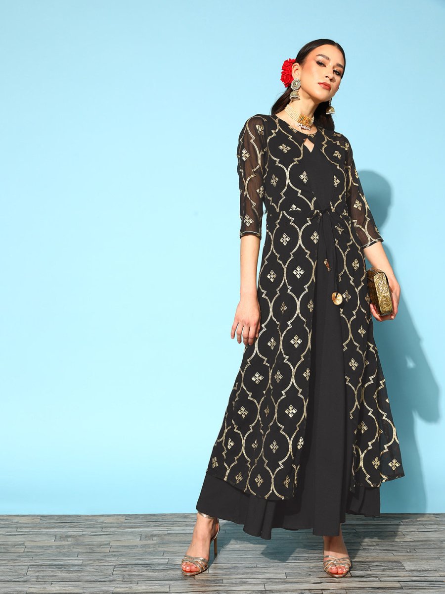 Ahalyaa Women Chic Black Solid Top to Toe Fusion Dress | Grocsy