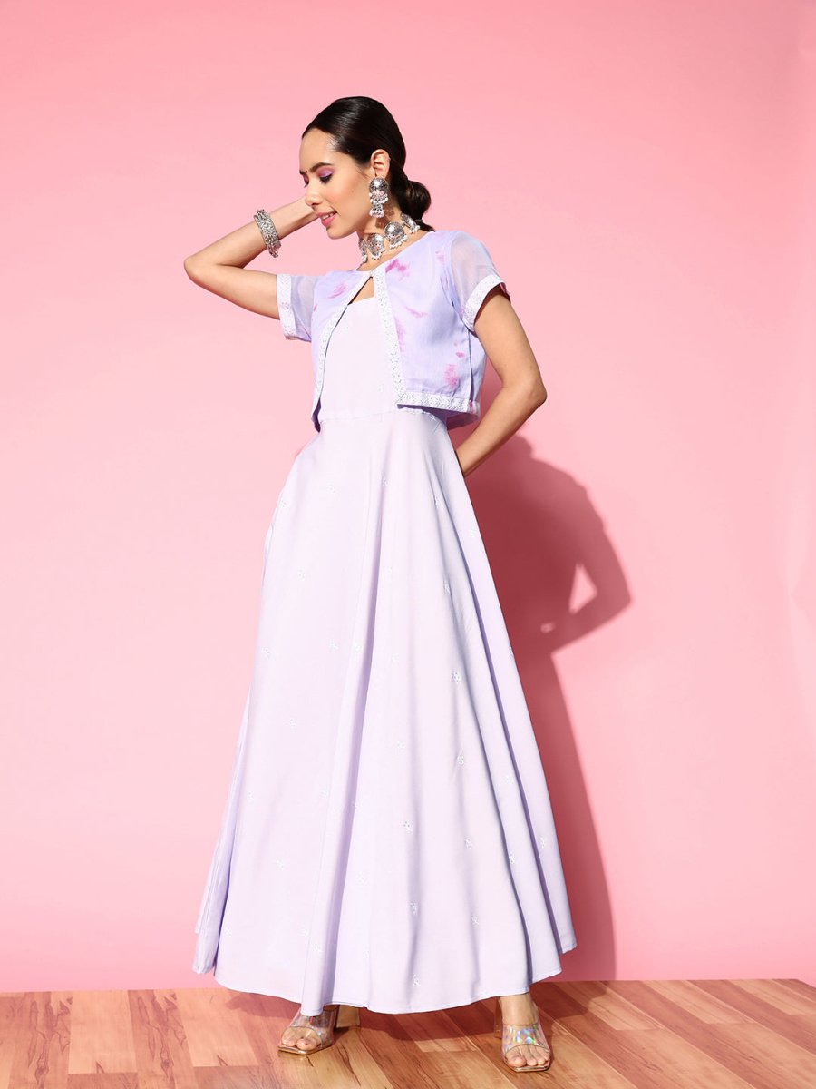 Ahalyaa Floral Ethnic Maxi Dress with Jacket | Grocsy