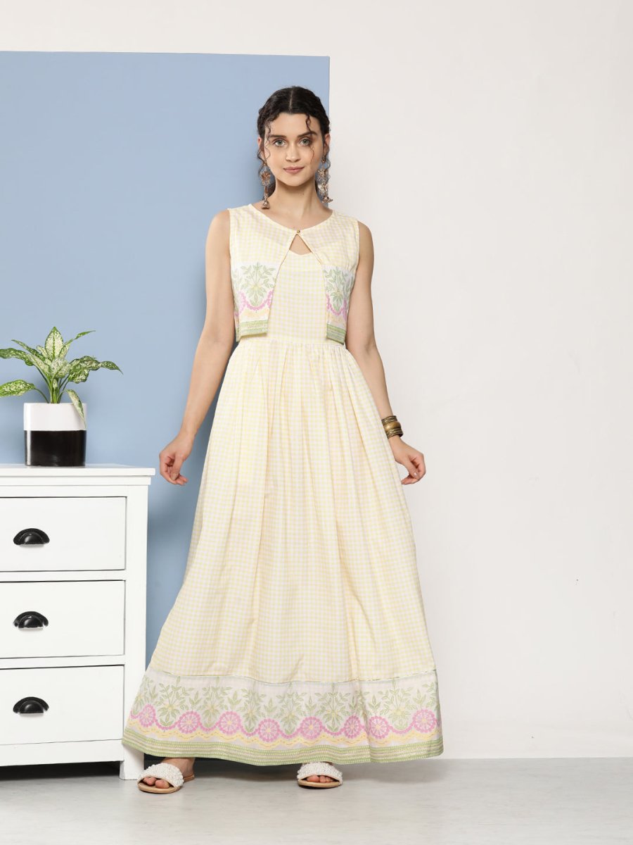 Ahalyaa Women Checked Maxi Ethnic Dress | Grocsy