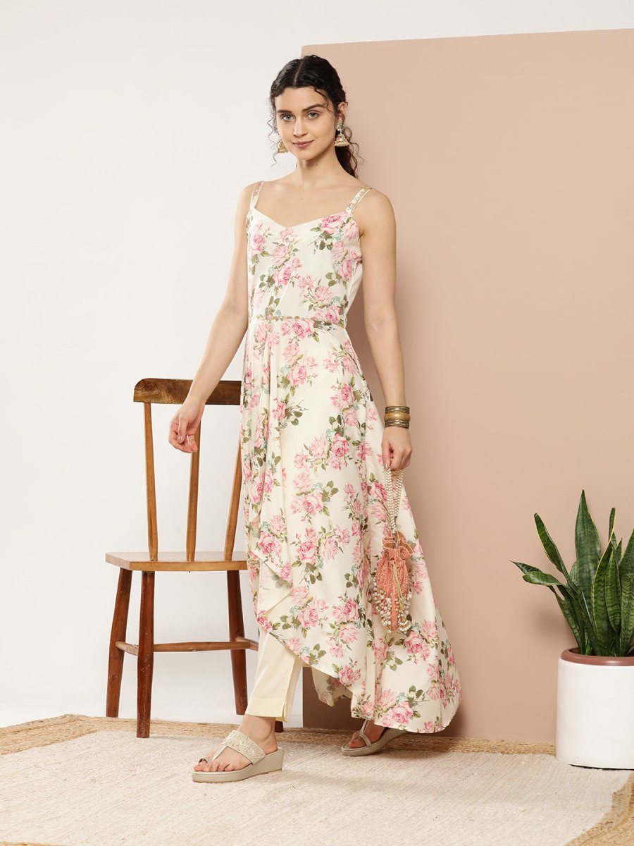 Ahalyaa Women Floral Printed Empire Gotta Patti Kurta With Trousers | Grocsy