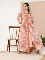 Ahalyaa Women Pink Floral Printed High Slit Kurta with Trousers | Grocsy
