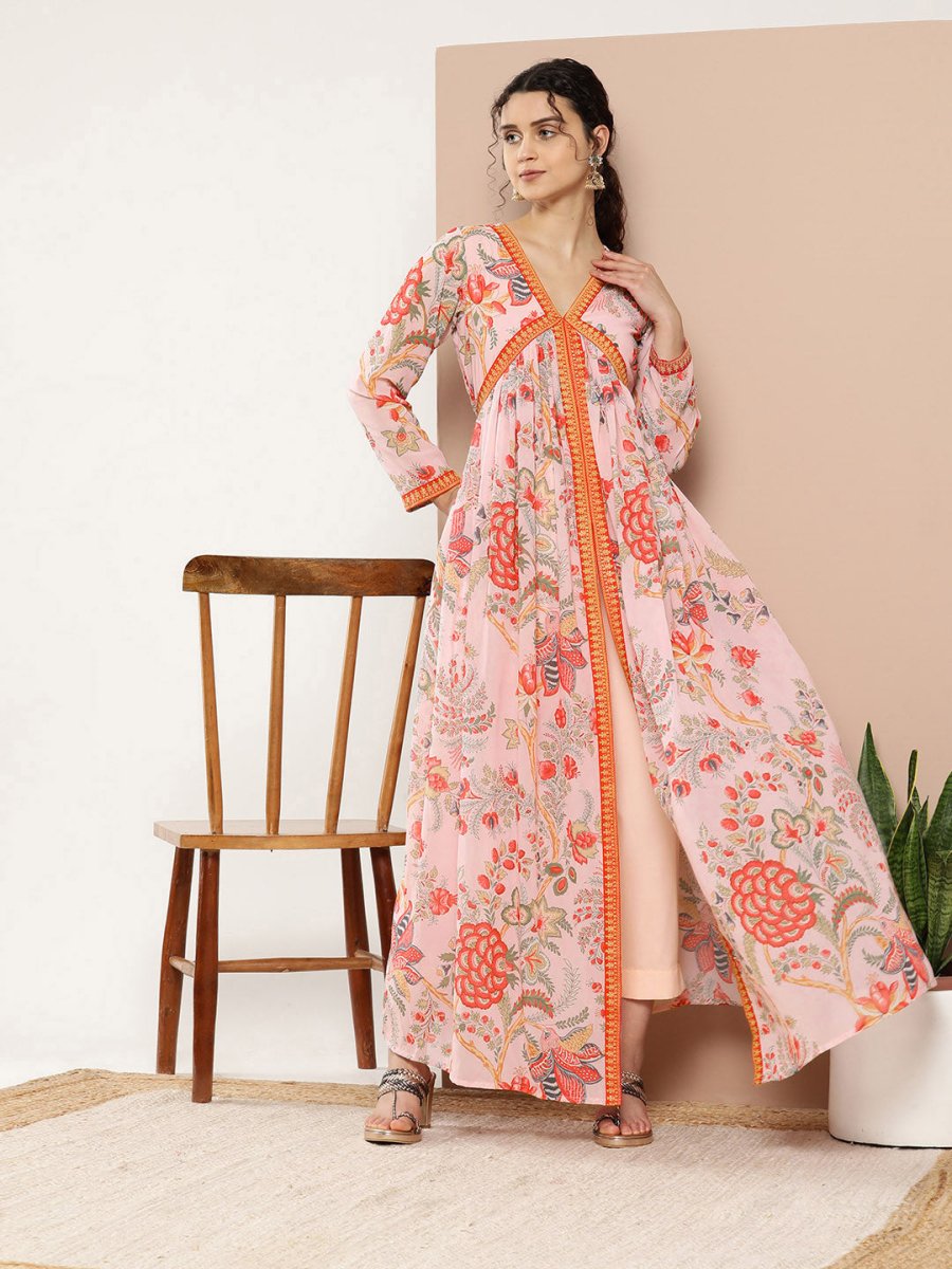 Ahalyaa Women Pink Floral Printed High Slit Kurta with Trousers | Grocsy