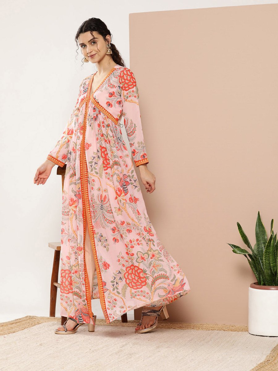 Ahalyaa Women Pink Floral Printed High Slit Kurta with Trousers | Grocsy