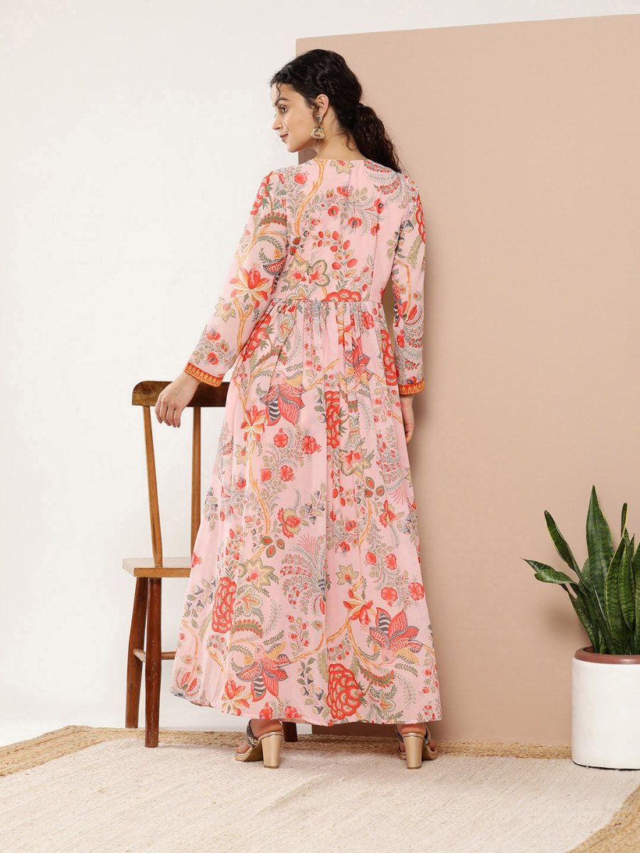 Ahalyaa Women Pink Floral Printed High Slit Kurta with Trousers | Grocsy