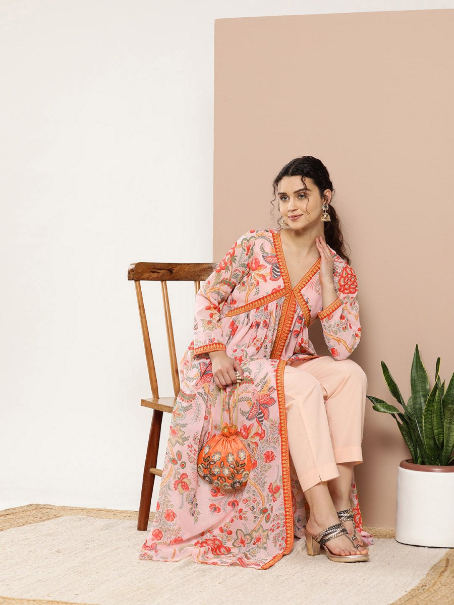 Ahalyaa Women Pink Floral Printed High Slit Kurta with Trousers | Grocsy
