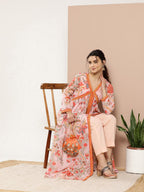 Ahalyaa Women Pink Floral Printed High Slit Kurta with Trousers | Grocsy