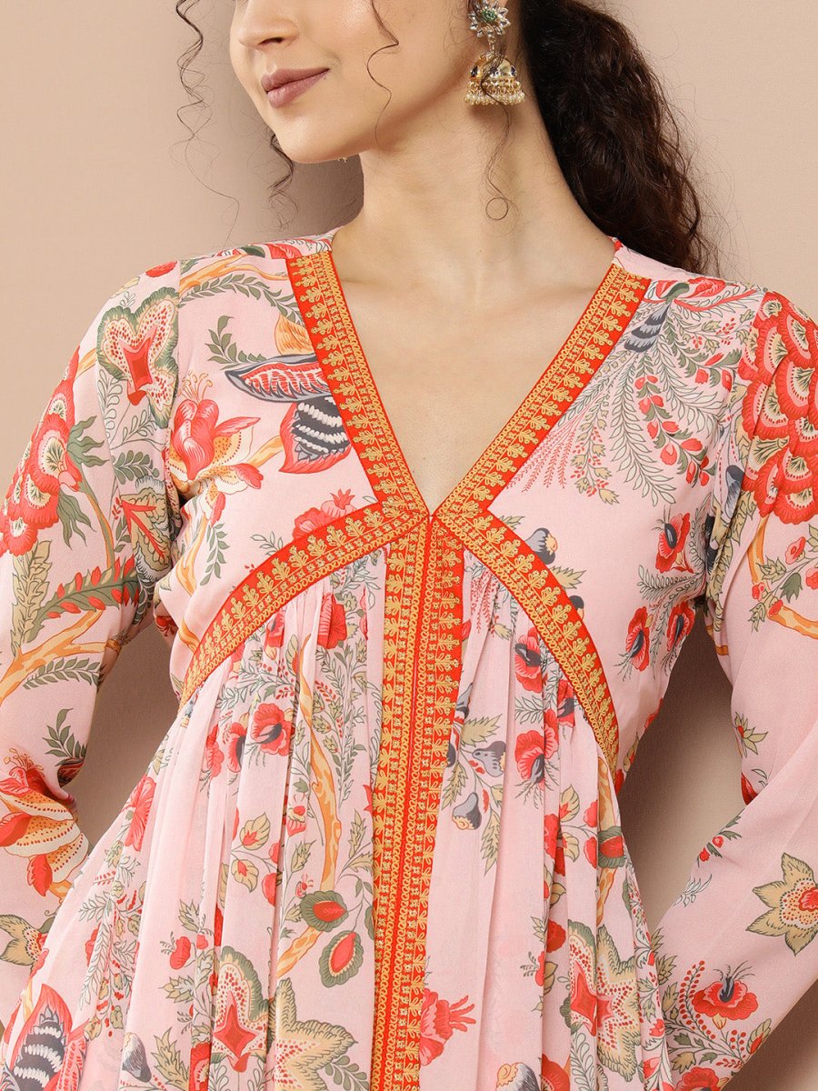 Ahalyaa Women Pink Floral Printed High Slit Kurta with Trousers | Grocsy