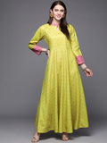 Ahalyaa Women Lime Yellow & Pink Printed Pleated A-Line Maxi Velvet Ethnic Dress | Grocsy