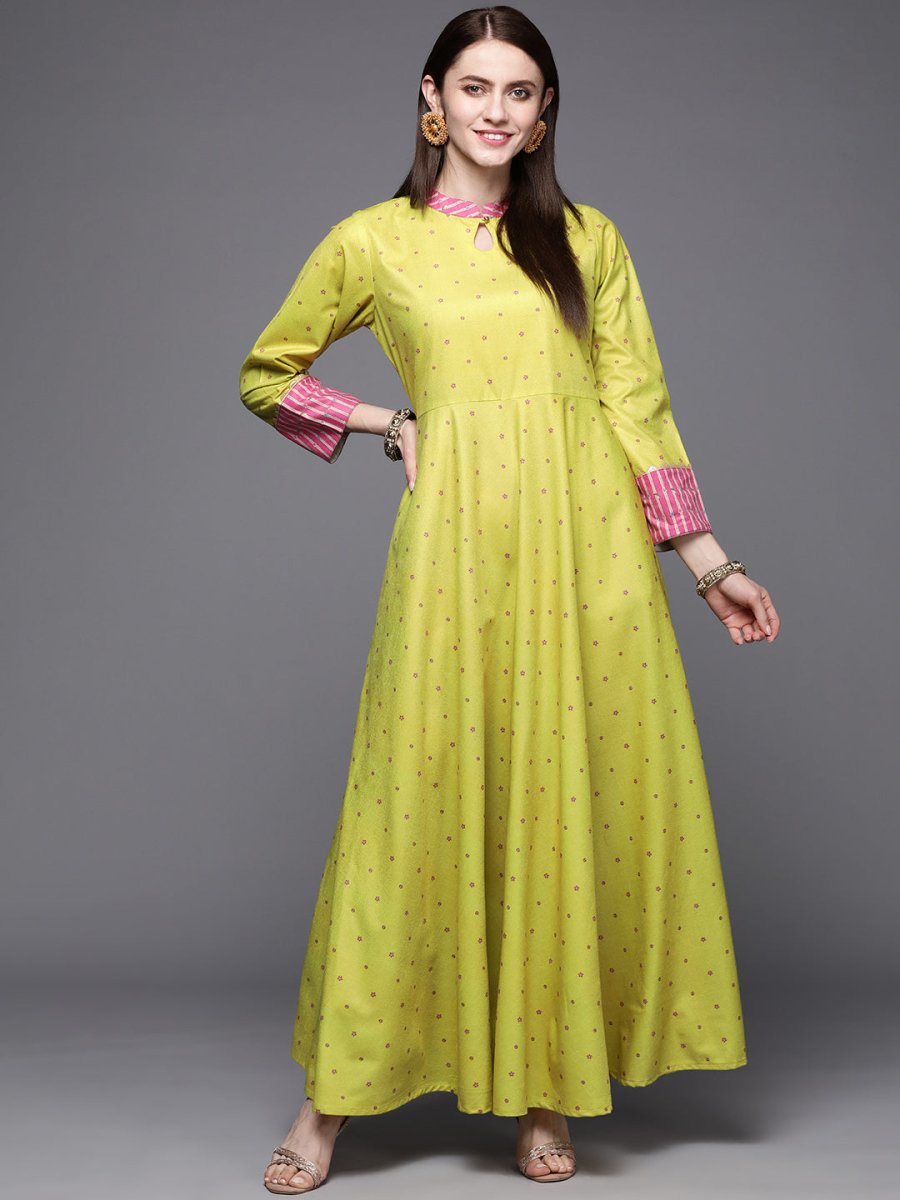 Ahalyaa Women Lime Yellow & Pink Printed Pleated A-Line Maxi Velvet Ethnic Dress | Grocsy
