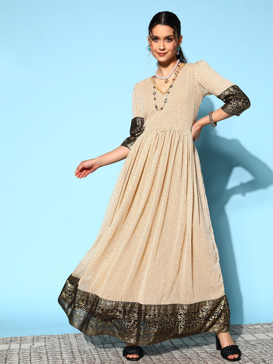 Ahalyaa Women Cream-coloured & Bronze Printed Gotta Patti Chiffon Ethnic Dress | Grocsy