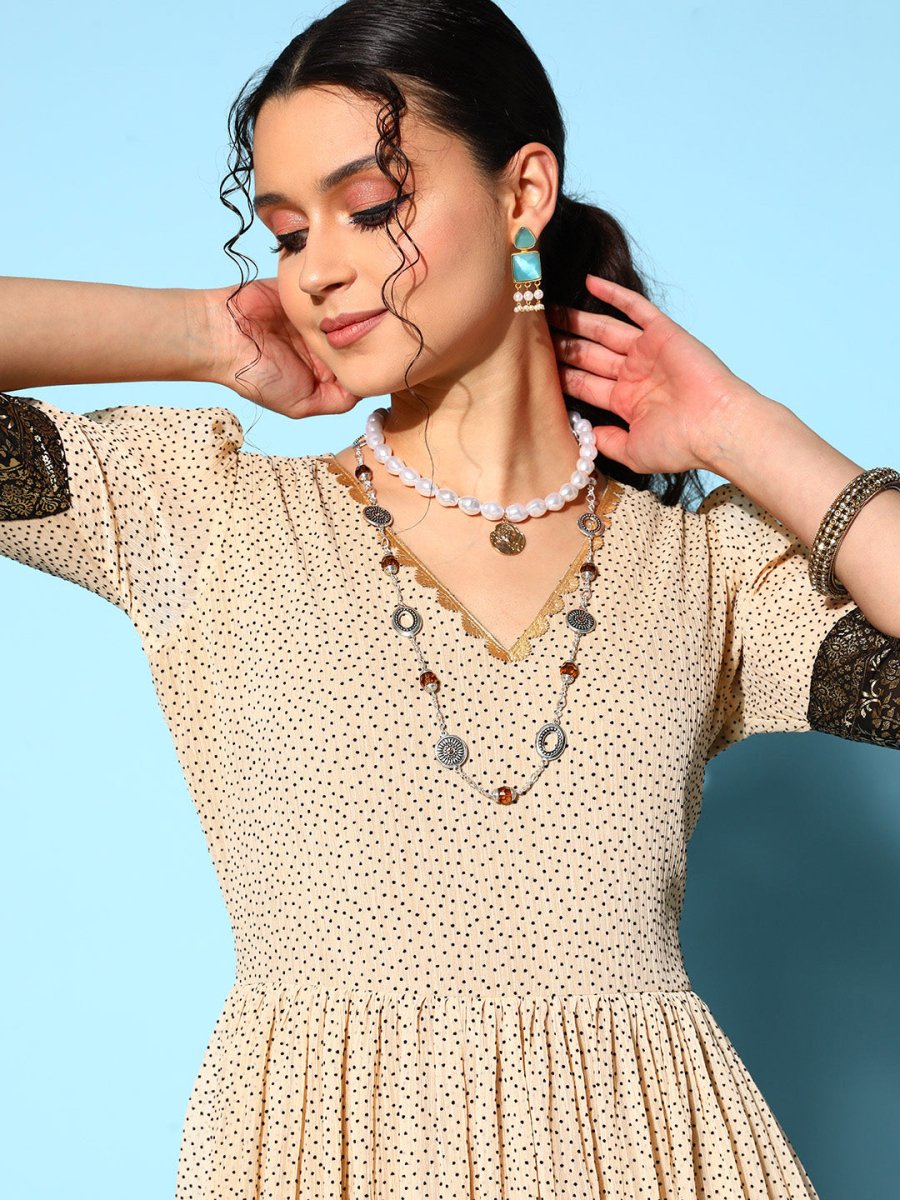 Ahalyaa Women Cream-coloured & Bronze Printed Gotta Patti Chiffon Ethnic Dress | Grocsy