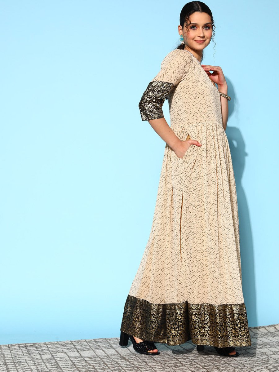 Ahalyaa Women Cream-coloured & Bronze Printed Gotta Patti Chiffon Ethnic Dress | Grocsy