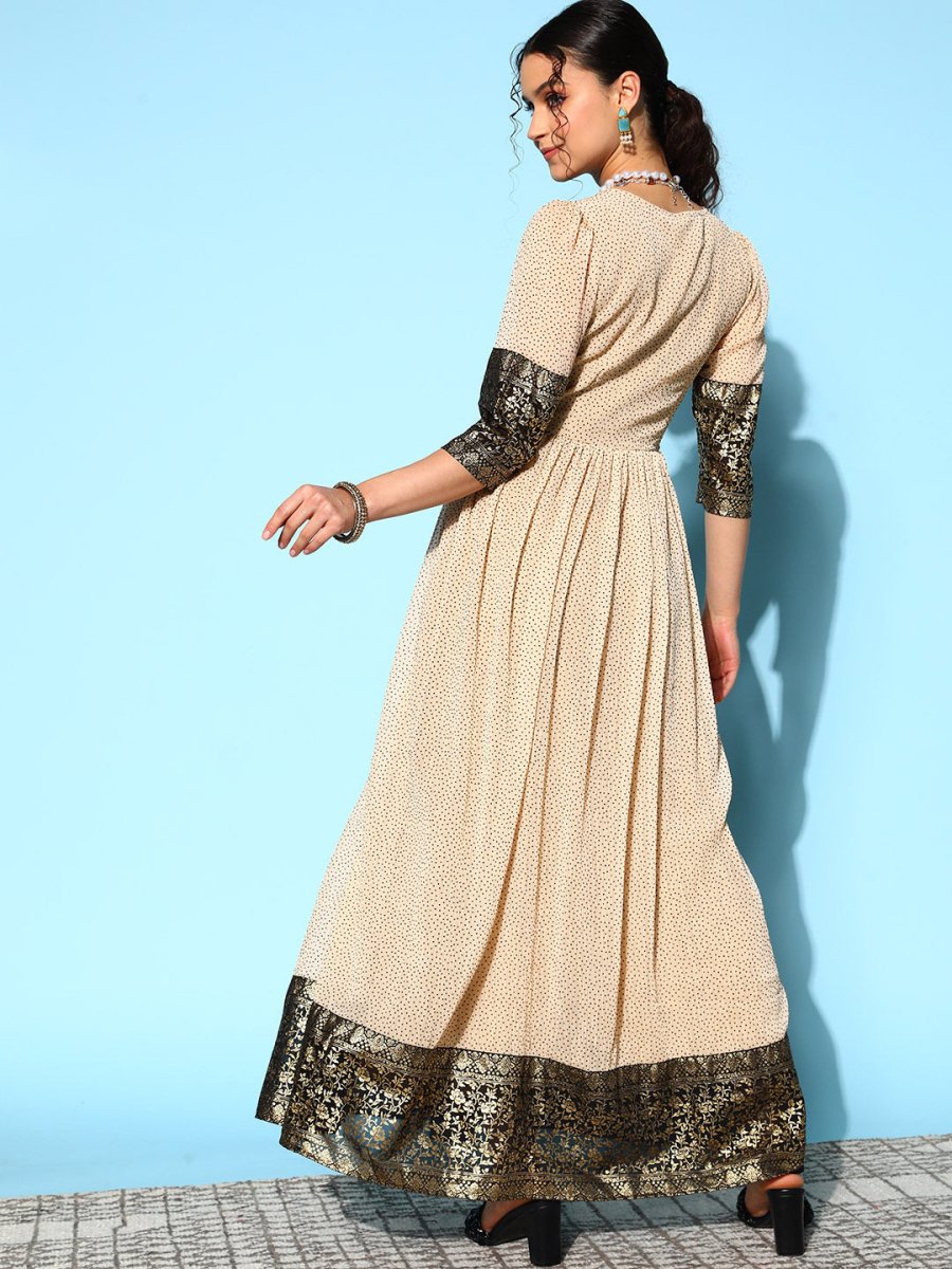 Ahalyaa Women Cream-coloured & Bronze Printed Gotta Patti Chiffon Ethnic Dress | Grocsy