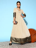 Ahalyaa Women Cream-coloured & Bronze Printed Gotta Patti Chiffon Ethnic Dress | Grocsy