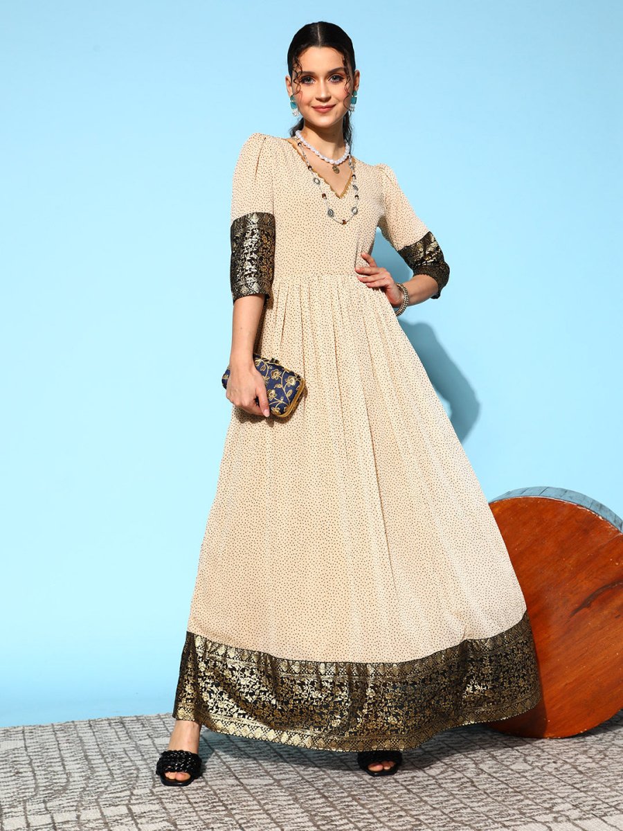 Ahalyaa Women Cream-coloured & Bronze Printed Gotta Patti Chiffon Ethnic Dress | Grocsy