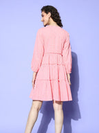 Ahalyaa Pink & Beige Geometric Print Puff Sleeves Ethnic Dress | Grocsy