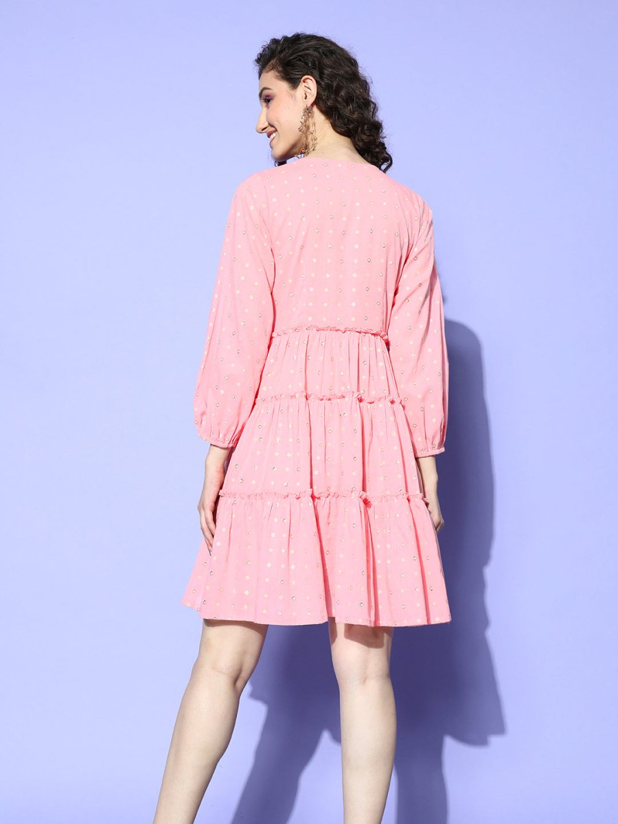 Ahalyaa Pink & Beige Geometric Print Puff Sleeves Ethnic Dress | Grocsy