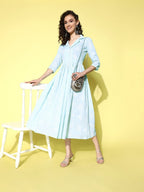 Ahalyaa Sea Green Floral Print Midi Ethnic Dress | Grocsy