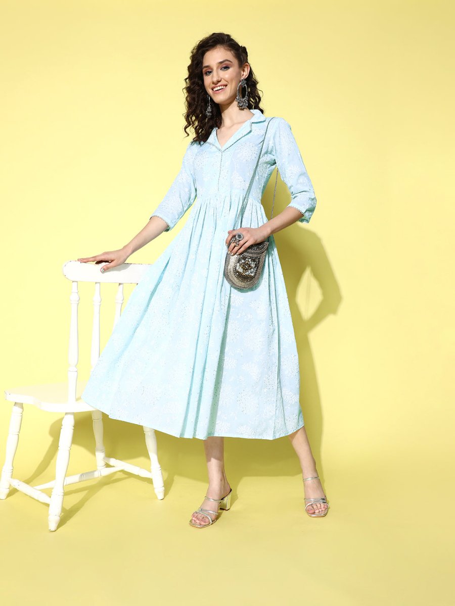 Ahalyaa Sea Green Floral Print Midi Ethnic Dress | Grocsy