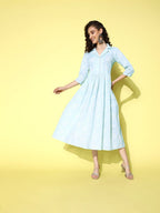 Ahalyaa Sea Green Floral Print Midi Ethnic Dress | Grocsy