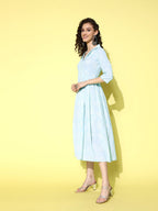 Ahalyaa Sea Green Floral Print Midi Ethnic Dress | Grocsy