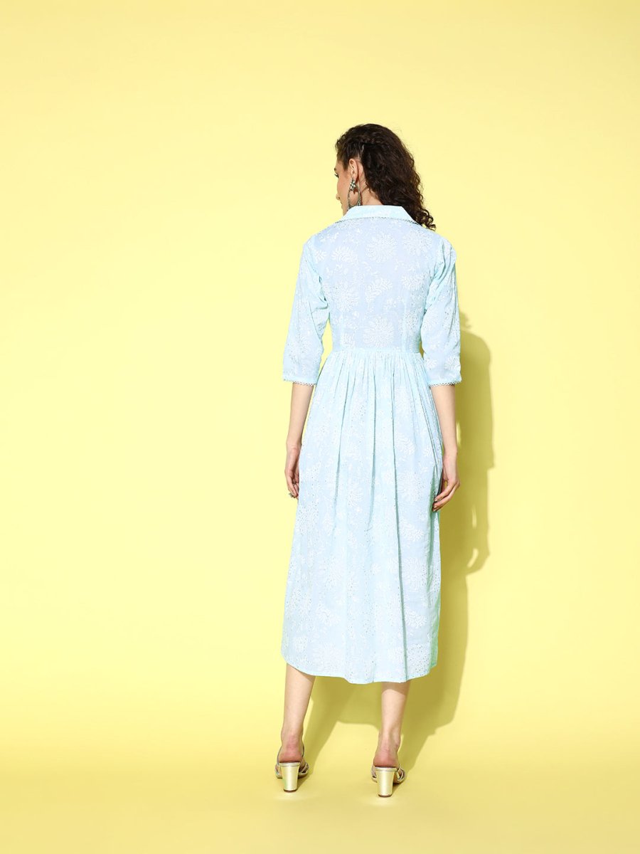 Ahalyaa Sea Green Floral Print Midi Ethnic Dress | Grocsy