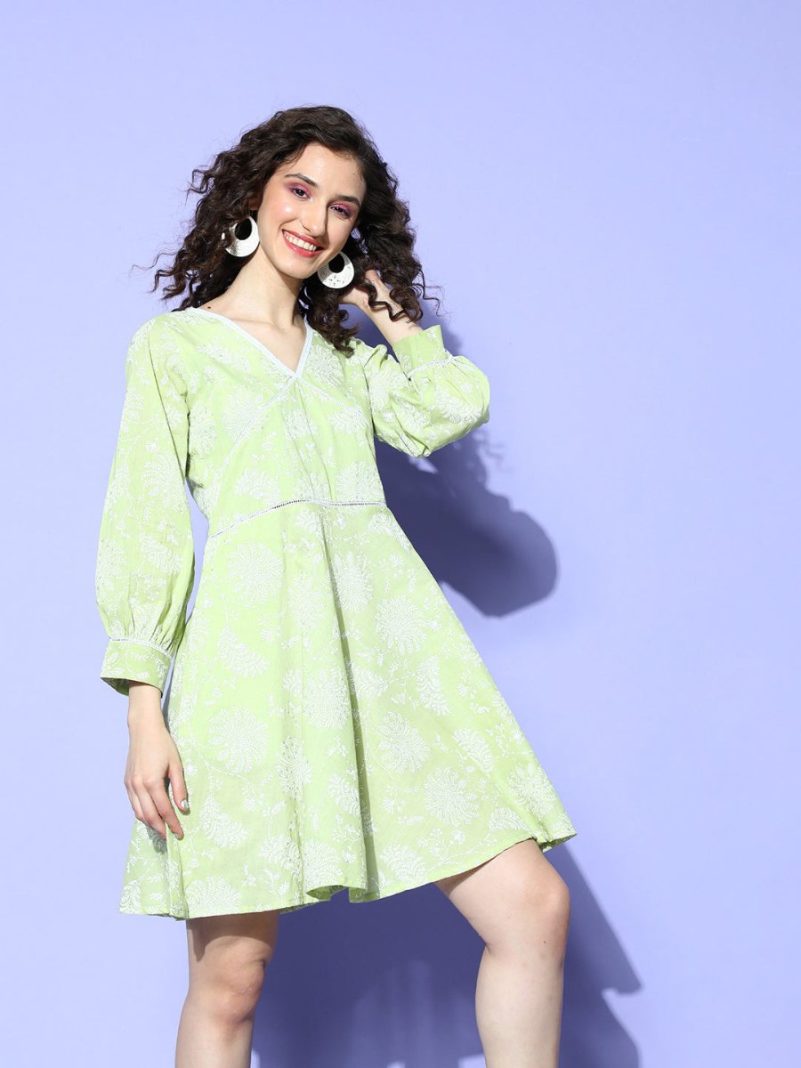 Ahalyaa Green & White Floral Print Puff Sleeves Ethnic Dress | Grocsy