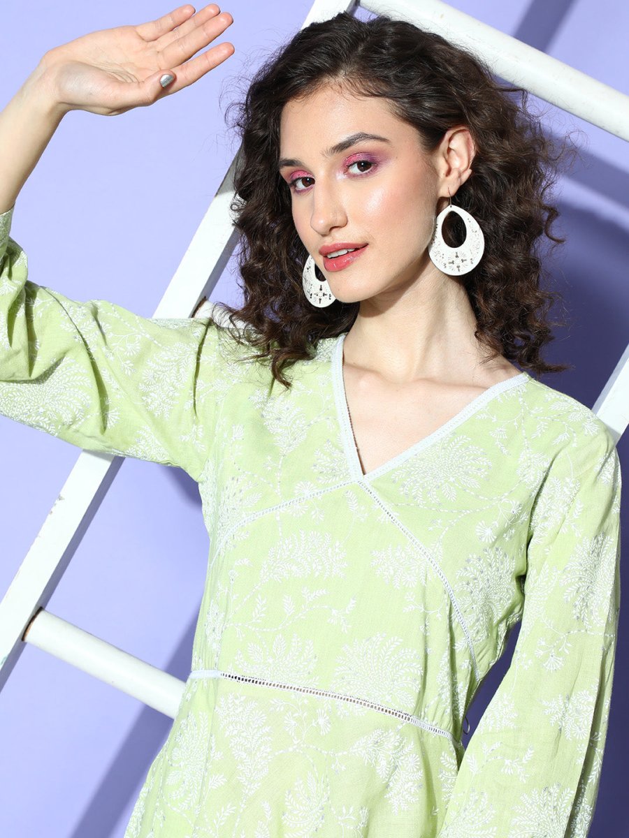 Ahalyaa Green & White Floral Print Puff Sleeves Ethnic Dress | Grocsy