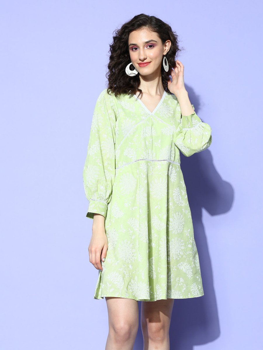 Ahalyaa Green & White Floral Print Puff Sleeves Ethnic Dress | Grocsy
