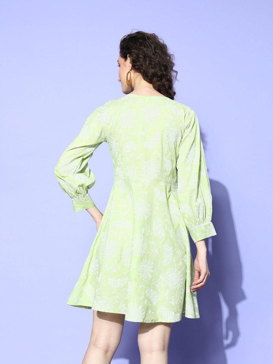 Ahalyaa Green & White Floral Print Puff Sleeves Ethnic Dress | Grocsy