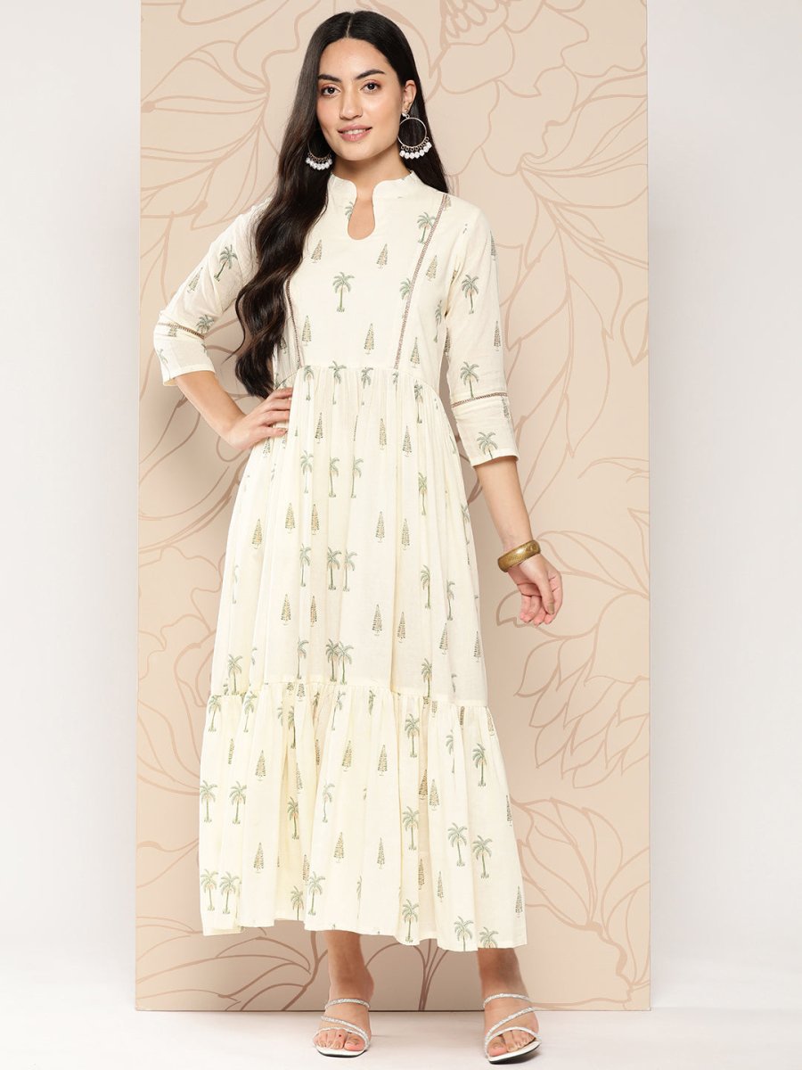 Ahalyaa Tropical Printed Gathered Empire Ethnic Dress | Grocsy