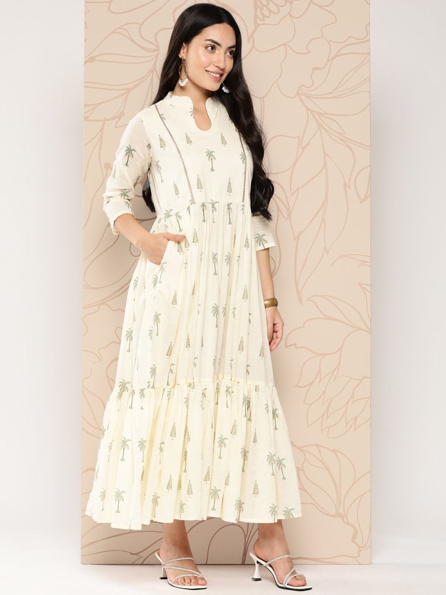 Ahalyaa Tropical Printed Gathered Empire Ethnic Dress | Grocsy