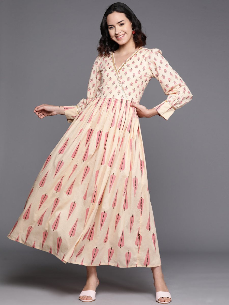 Ahalyaa Floral Print Puff Sleeves Maxi Ethnic Dress | Grocsy