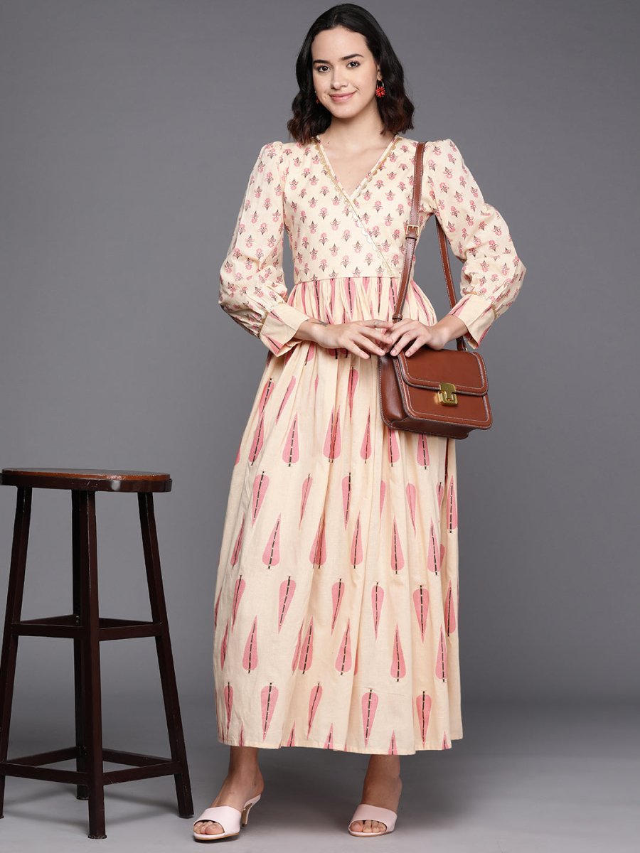 Ahalyaa Floral Print Puff Sleeves Maxi Ethnic Dress | Grocsy