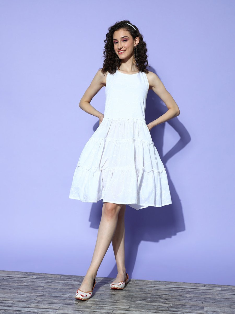 Ahalyaa White Floral Printed Halter Neck Tiered Ethnic Dress | Grocsy