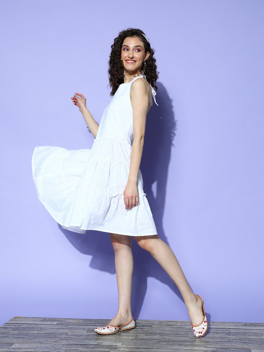 Ahalyaa White Floral Printed Halter Neck Tiered Ethnic Dress | Grocsy