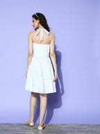 Ahalyaa White Floral Printed Halter Neck Tiered Ethnic Dress | Grocsy