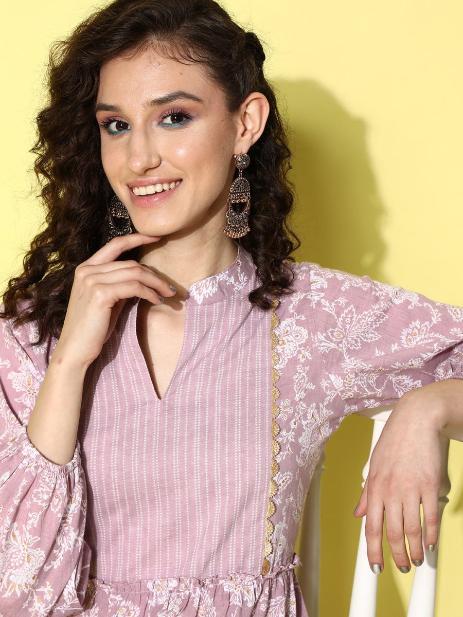 Ahalyaa Mauve & White Floral Print Puff Sleeves Ethnic Dress | Grocsy