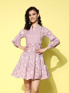 Ahalyaa Mauve & White Floral Print Puff Sleeves Ethnic Dress | Grocsy