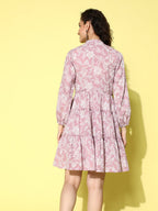 Ahalyaa Mauve & White Floral Print Puff Sleeves Ethnic Dress | Grocsy
