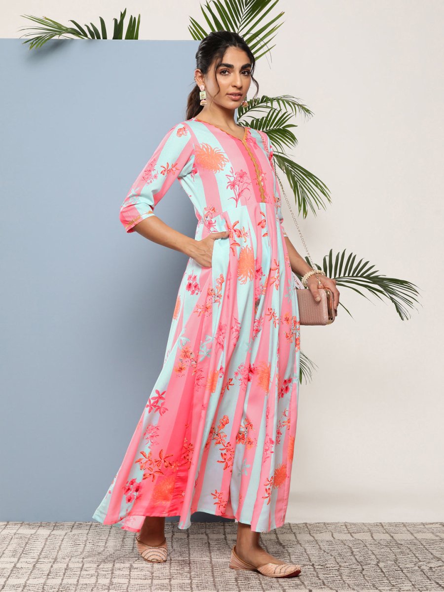 Ahalyaa Women Printed Layered Maxi Ethnic Dress | Grocsy