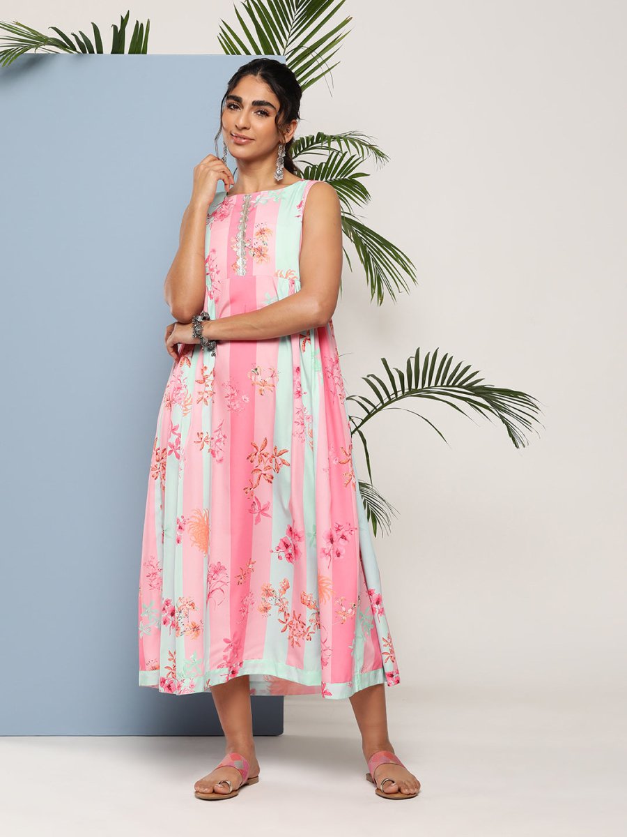 Ahalyaa Women Floral Printed Empire Midi Ethnic Dress | Grocsy