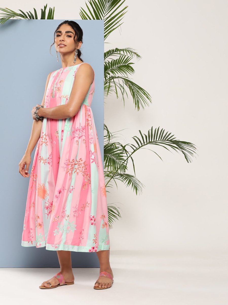 Ahalyaa Women Floral Printed Empire Midi Ethnic Dress | Grocsy