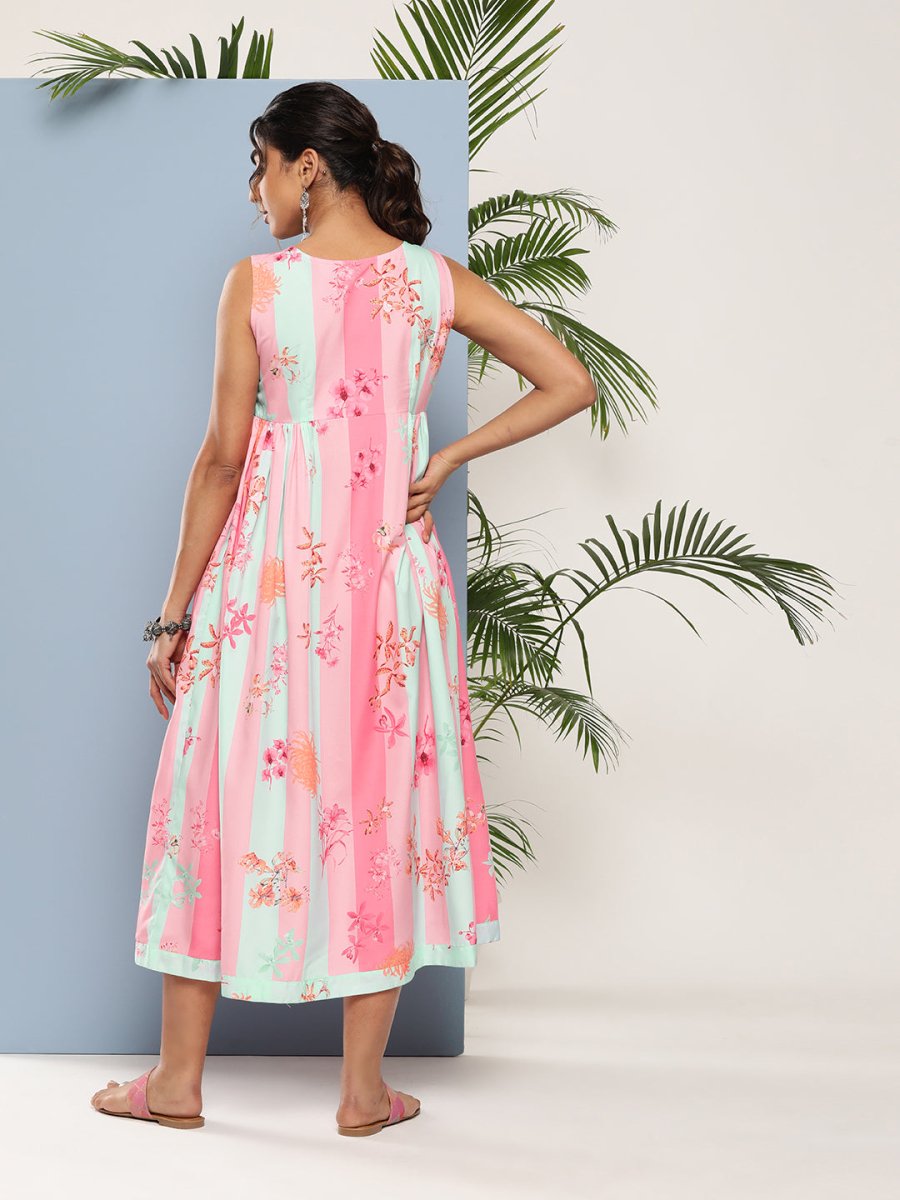 Ahalyaa Women Floral Printed Empire Midi Ethnic Dress | Grocsy