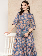 Ahalyaa Floral Printed Gathered Crepe Empire Ethnic Dress | Grocsy