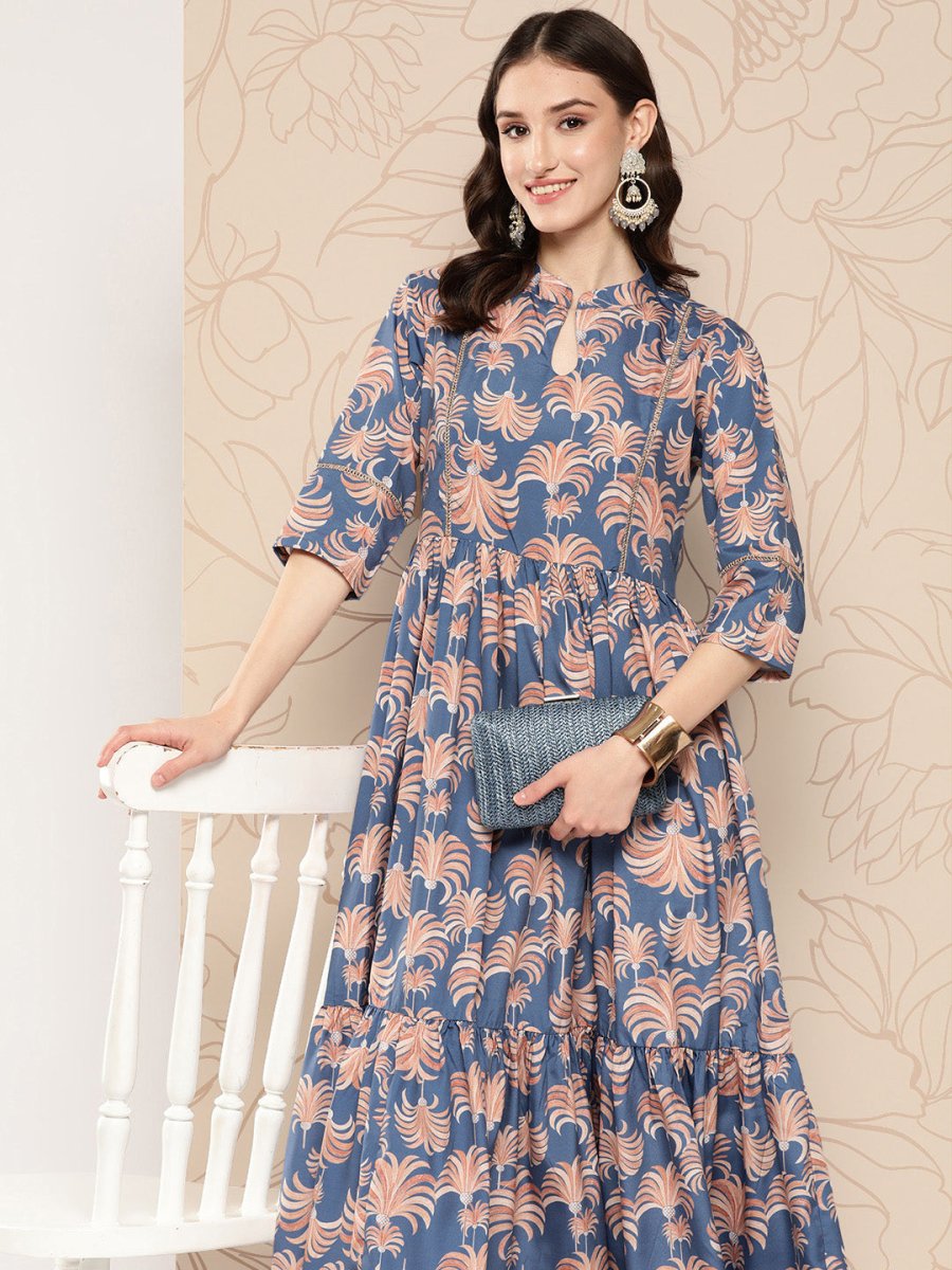 Ahalyaa Floral Printed Gathered Crepe Empire Ethnic Dress | Grocsy