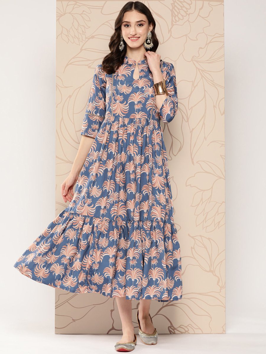 Ahalyaa Floral Printed Gathered Crepe Empire Ethnic Dress | Grocsy