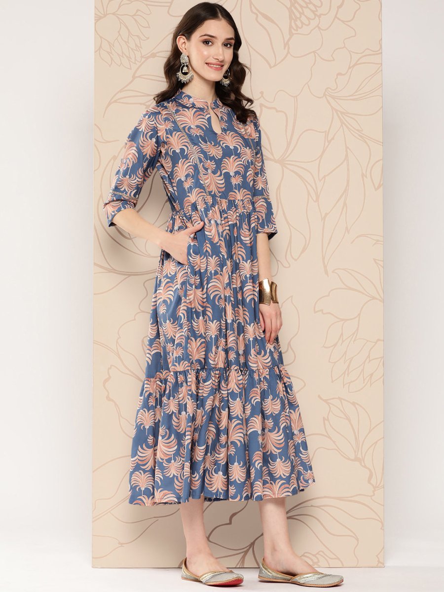 Ahalyaa Floral Printed Gathered Crepe Empire Ethnic Dress | Grocsy