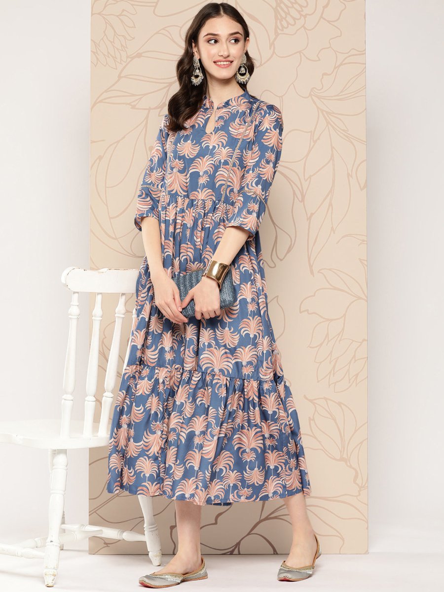 Ahalyaa Floral Printed Gathered Crepe Empire Ethnic Dress | Grocsy
