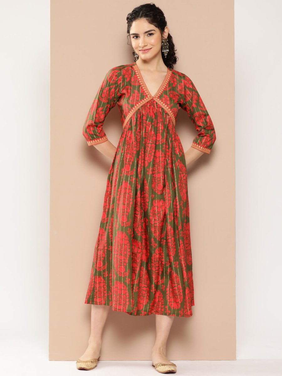 Ahalyaa Floral Print Crepe A-Line Midi Dress | Grocsy